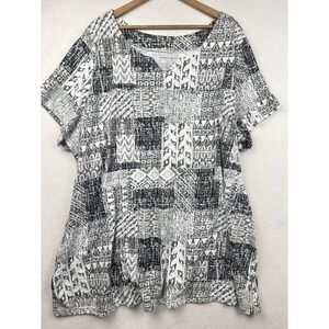 Woman Within Tunic Womens 4X Patchwork Print V-Neck Short Sleeve Boho Casual